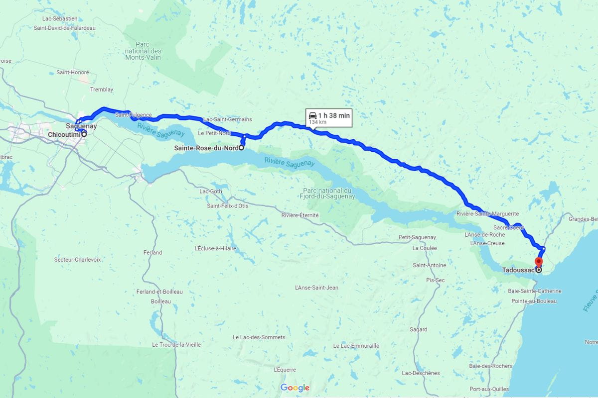 Carte Route entre Tadoussac et Ste Rose du Nord